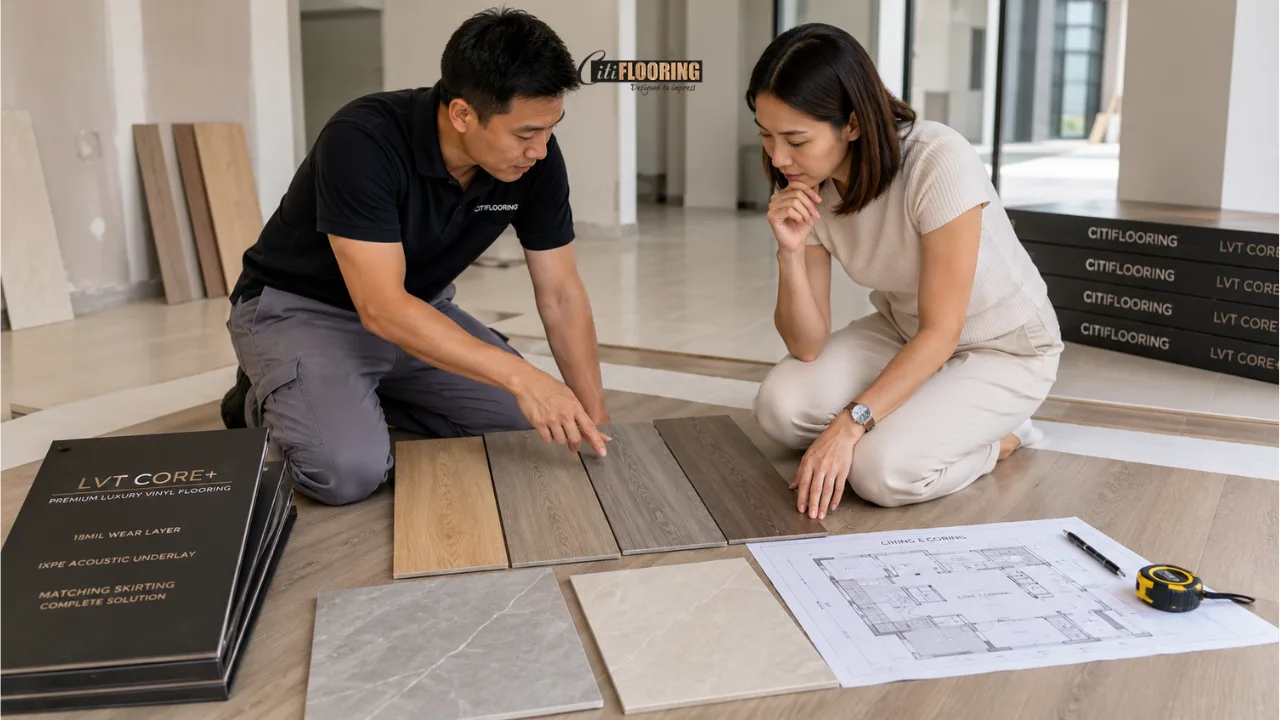 LVT Flooring Singapore: Why It’s the Smarter Choice in 2026 1 A homeowner and contractor review LVT flooring samples and layout plans in a Singapore home, illustrating the planning stage of choosing LVT flooring