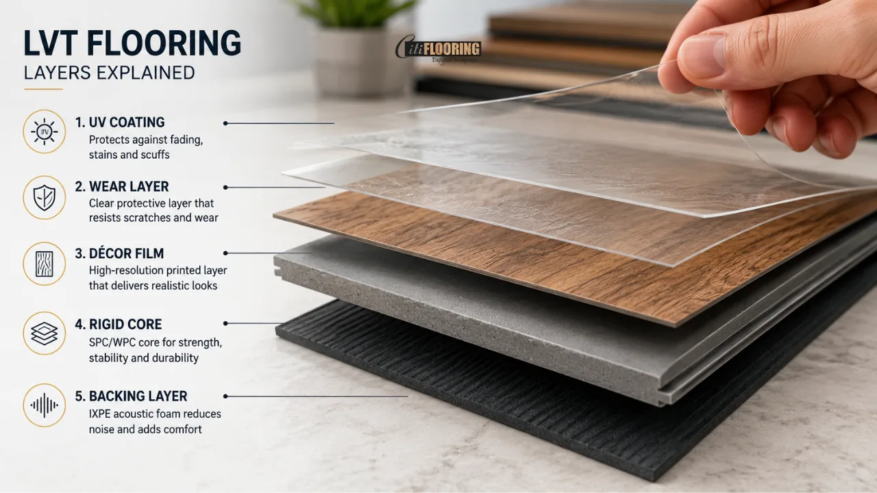 Detailed view of LVT flooring layers arranged to show construction, helping homeowners understand quality differences