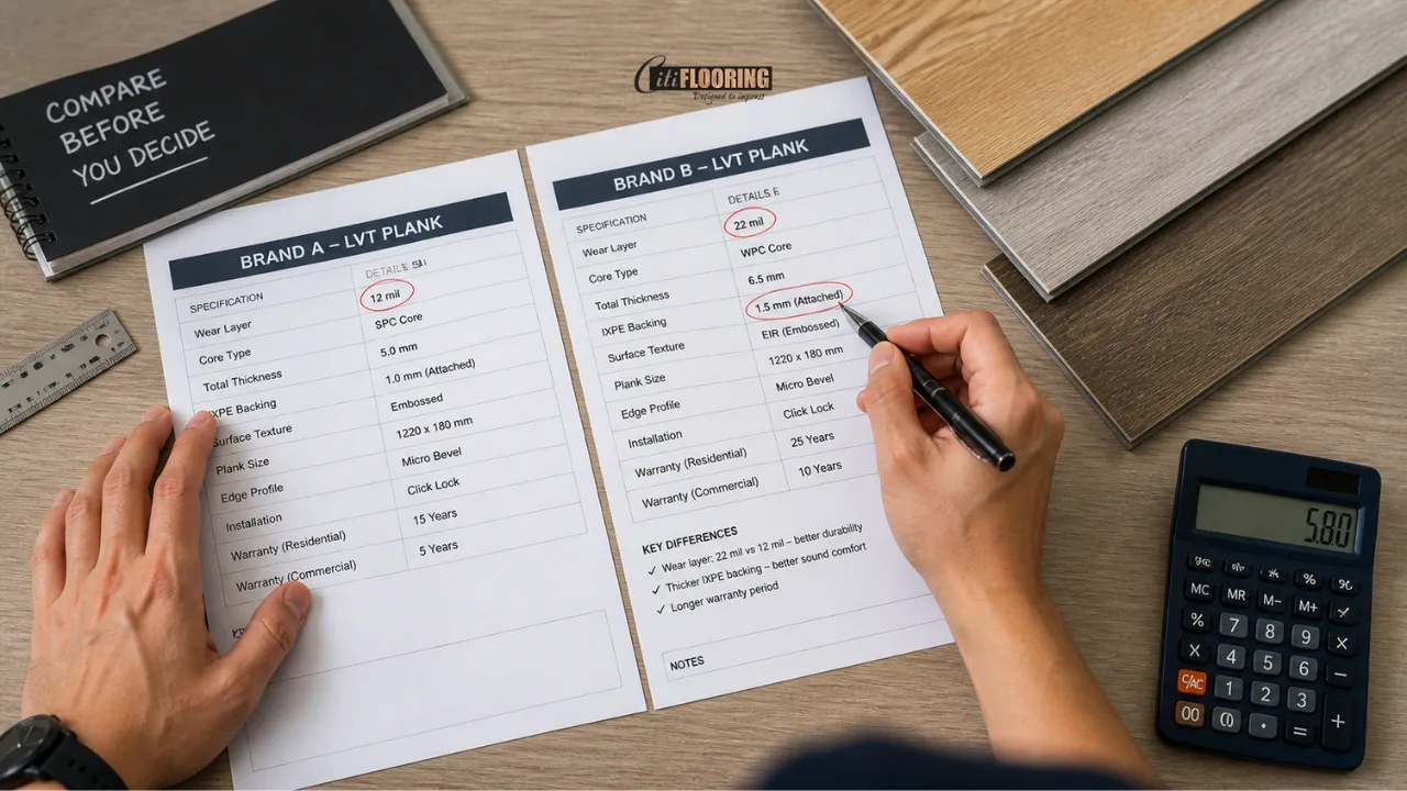 A homeowner reviews and compares LVT spec sheets, focusing on wear layer and core differences before making a flooring decision
