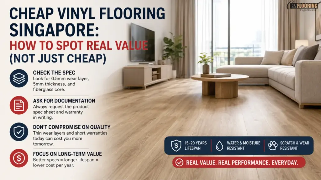 Modern Singapore living room with wood-look vinyl flooring illustrating how to identify real value in cheap vinyl flooring through quality specifications and long-term durability.