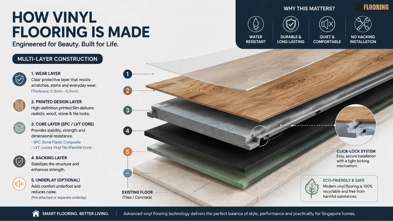 Modern Singapore HDB interior showing vinyl flooring types, comparing wood-look LVT in a living room and stone-look SPC in a dining area with annotations on durability and waterproof structure.