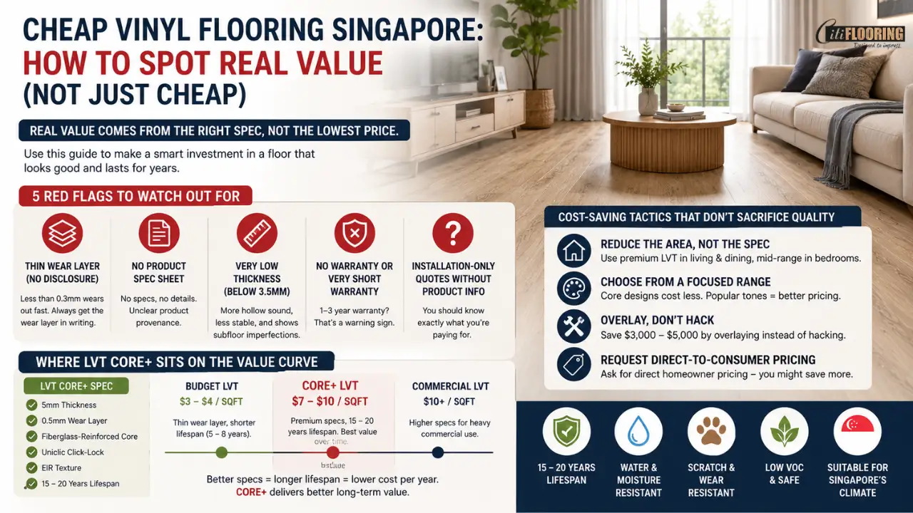 Comparison chart highlighting common red flags in low-cost vinyl flooring including thin wear layers, missing specifications, and short warranties.