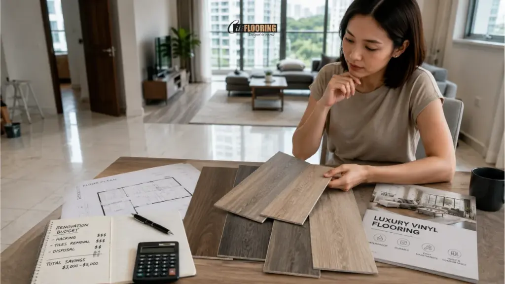 A Singapore homeowner compares vinyl flooring samples while planning a home renovation. The scene highlights the decision-making process involved in choosing vinyl flooring Singapore homeowners commonly install.