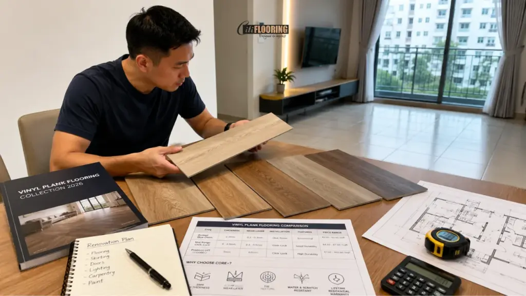 Vinyl Plank Flooring Singapore: Prices, Types & Installation (2026) 3 Installers place click-lock vinyl plank flooring over existing tiles in a Singapore home renovation. The image demonstrates the popular no-hacking installation method used for vinyl plank flooring Singapore projects.