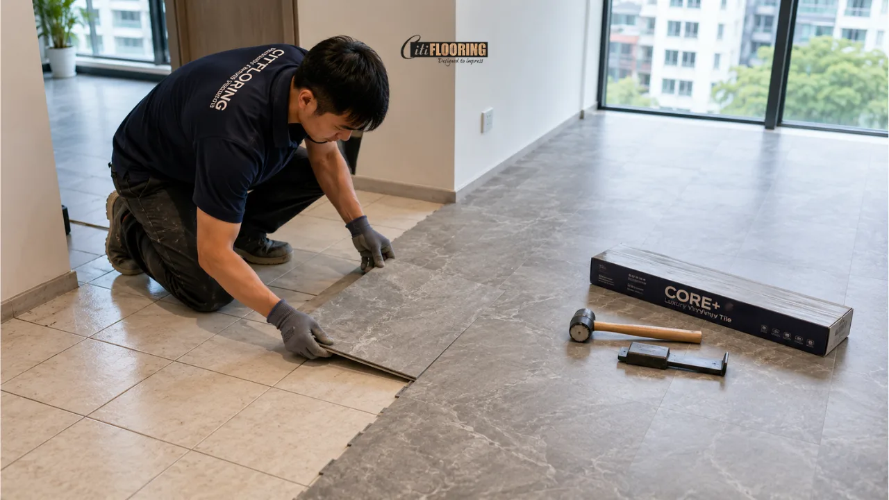 An installer places luxury vinyl tiles over an existing ceramic floor during a residential renovation. The image demonstrates how vinyl tiles in Singapore can be installed without costly hacking work.