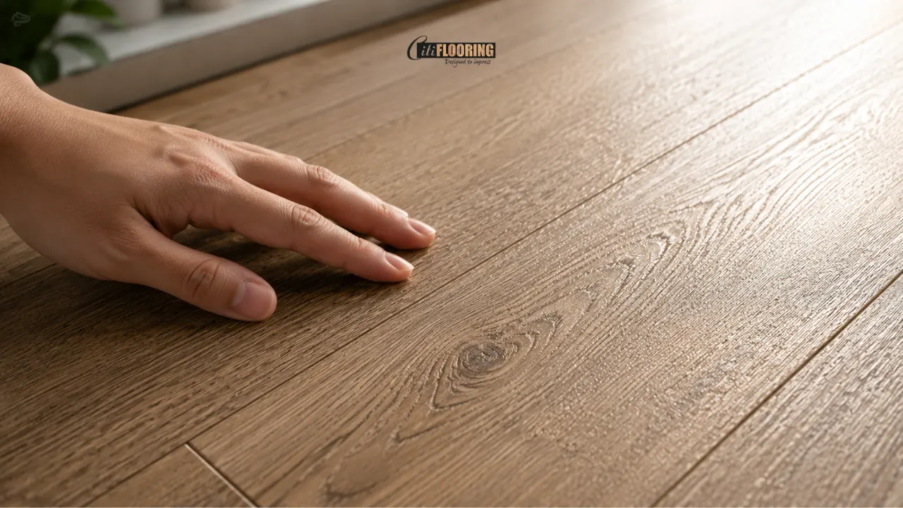 A close-up view of embossed wood grain texture on a wood-look LVT floor demonstrates how modern flooring replicates natural timber appearance. The realistic surface detail helps explain the appeal of wood-look LVT Singapore homes use.
