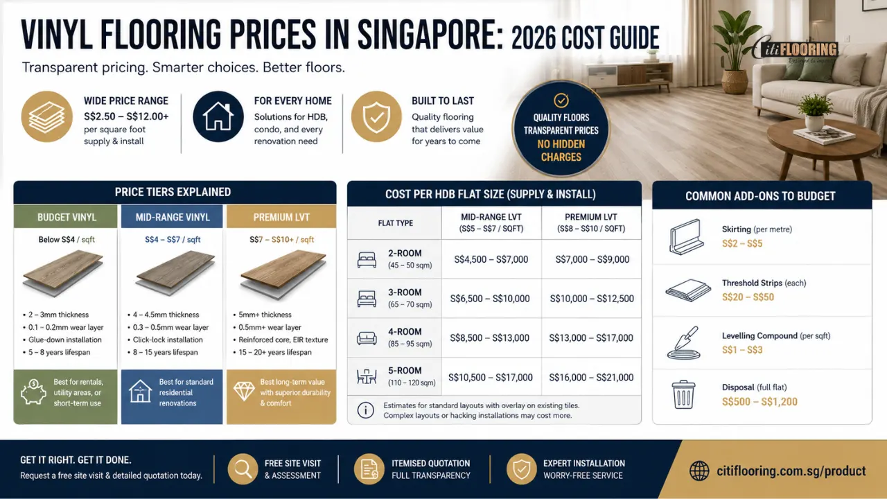 Close-up of mid-range luxury vinyl tiles (LVT) in Singapore, highlighting wear layer thickness and click-lock installation